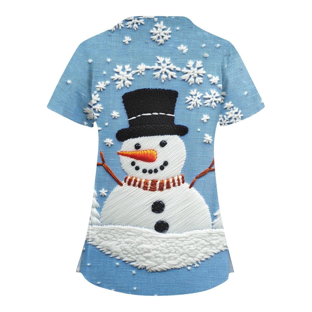 Women's Fashionable V-neck Workwear Christmas Printed Short Sleeved Pocket Side Slit Workwear Basic Pullover Top