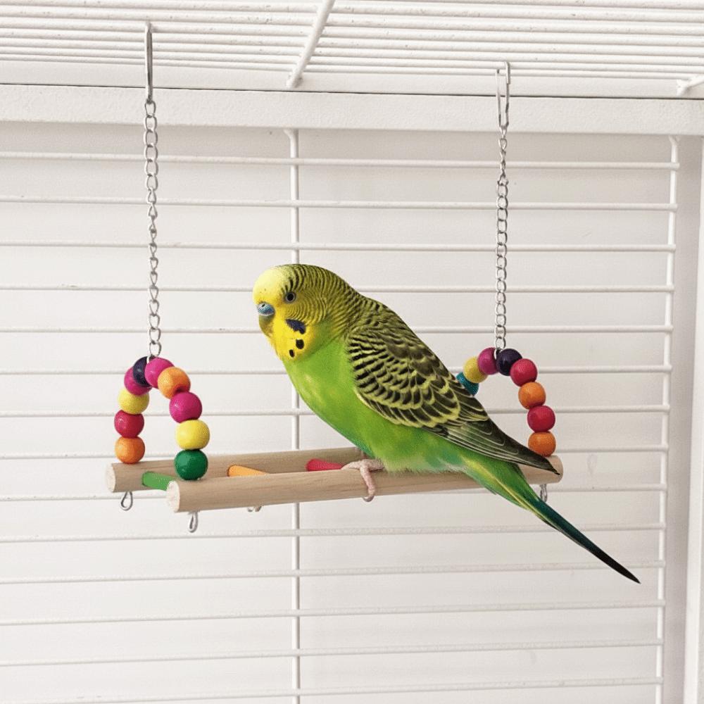 Multi Functional Bite Resistant Parrot Swing Colorful Hanging Beads Bird Wooden Bird Cage Standing Interaction
