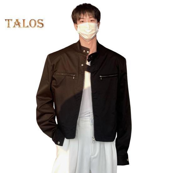 Men Jacket Coat Full Zipper Closure Solid Color Two Side Pockets Short Jacket Stand Collar Long Sleeve Jacket Streetwear