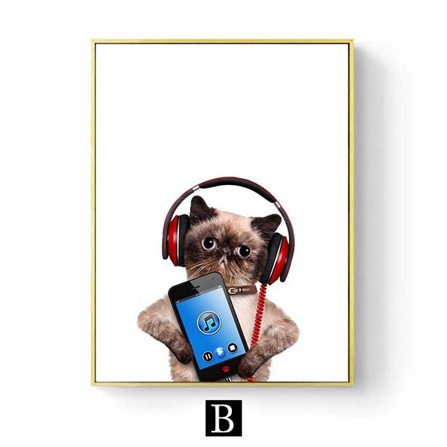 Funny Animal Wearing Headphones Wall Art Poster Cute Cat Dog Canvas Print Painting Nordic Kids Baby Room Decoration Pictures