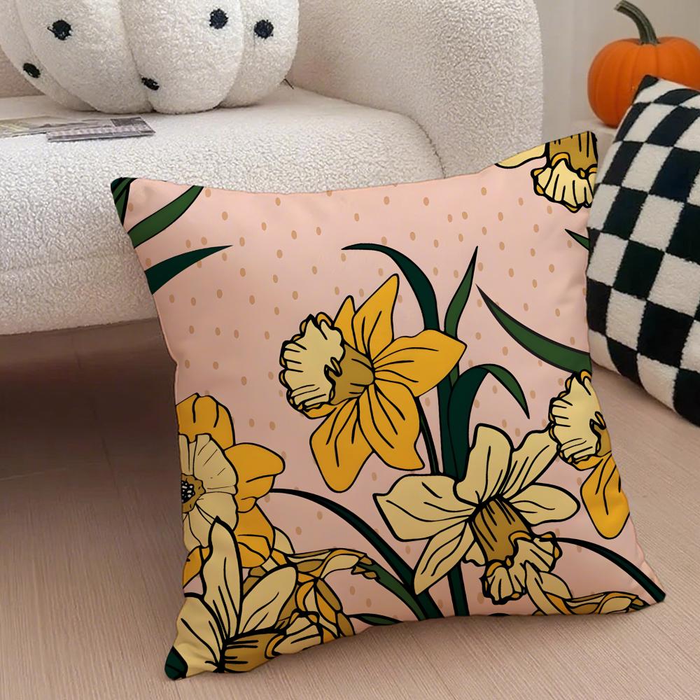 Warm bright yellow Daffodil Narcissus flowers Cushion Cover Throw Pillow Cover Hidden Button Durable Polyester Chair Cushion