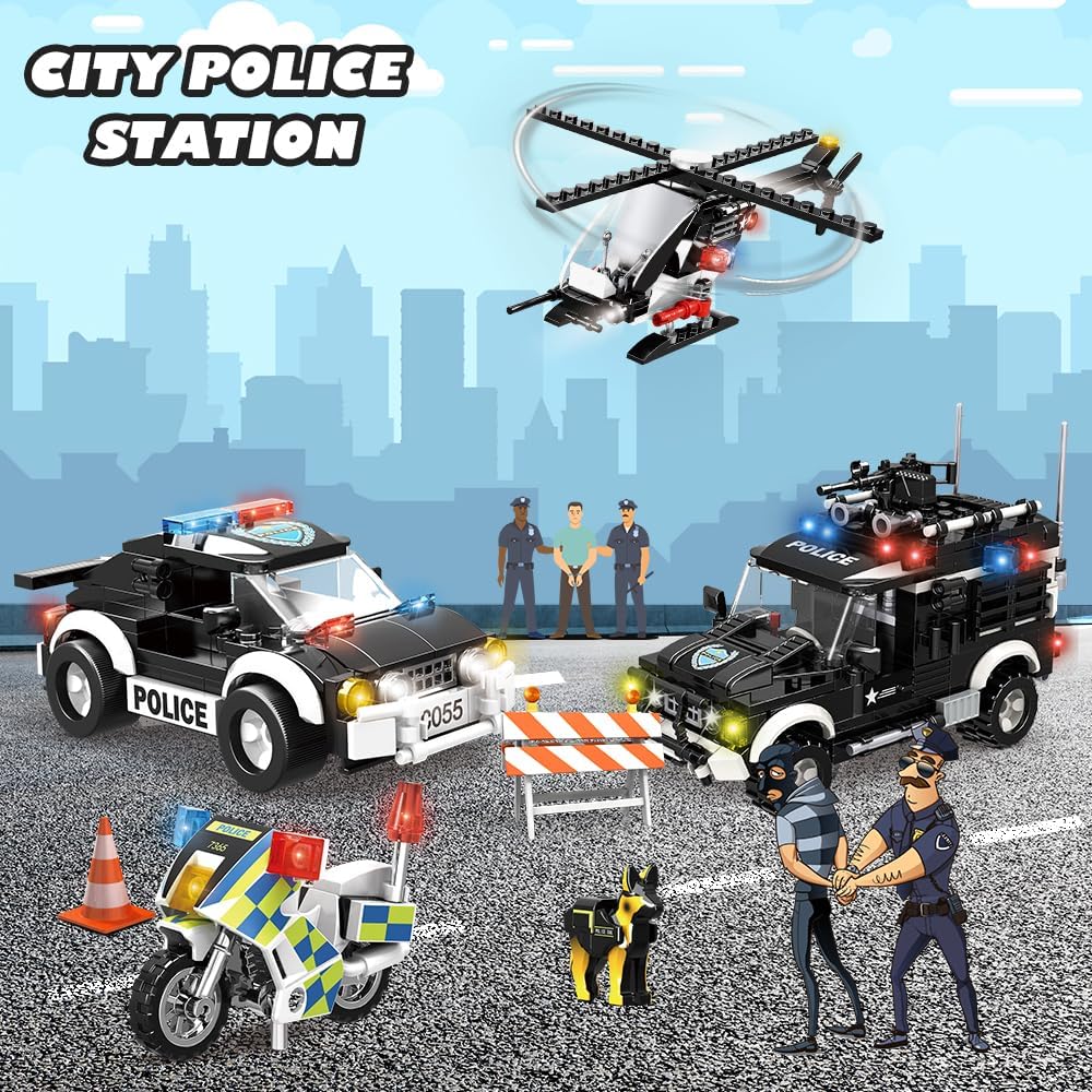 HOGOKIDS City Police Station Building Set - 1261 PCS Police Building Blocks Toys with Helicopter Motorcycle and 2 Cars, STEM Police Construction