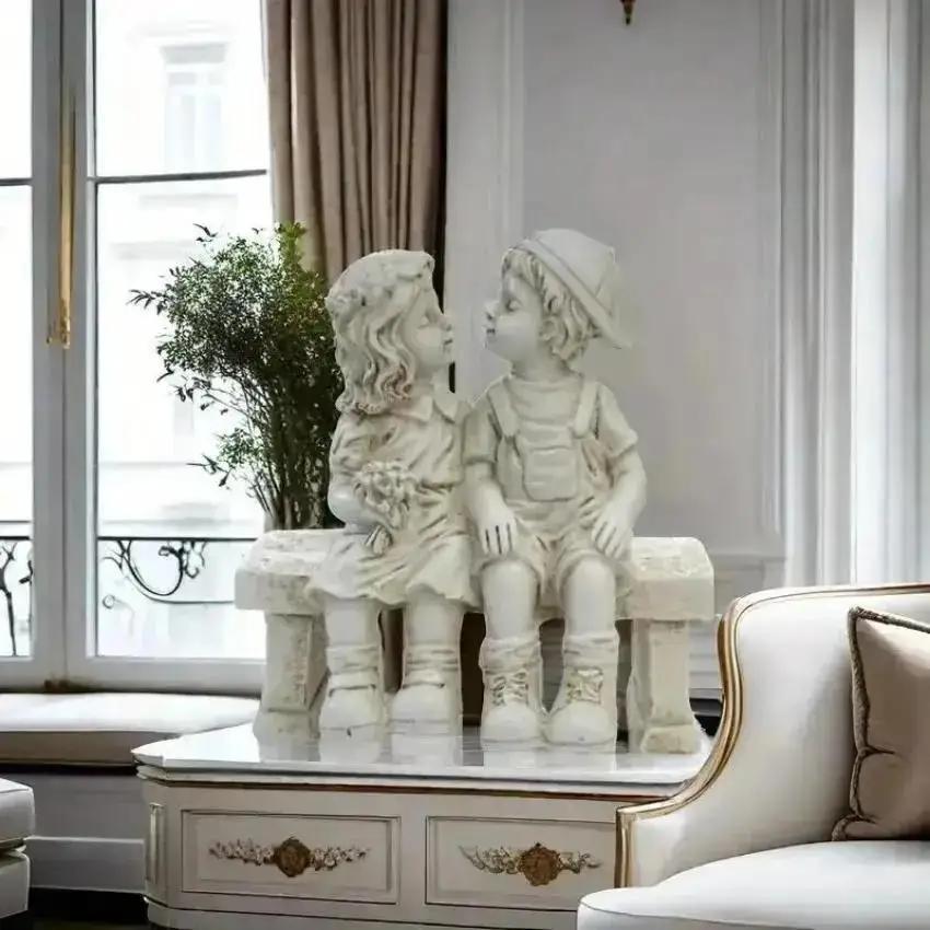 1 Pcs Endearing Sculpture Kids Sharing A Kiss On The Bench Living Room Decoration Fairy Garden Decorative Figurines