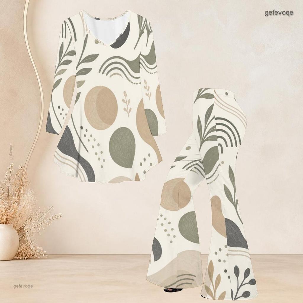 Women Plus Size Printed Two Piece Set Round Neck Three Quarter Sleeve Flared Top Flared Pants
