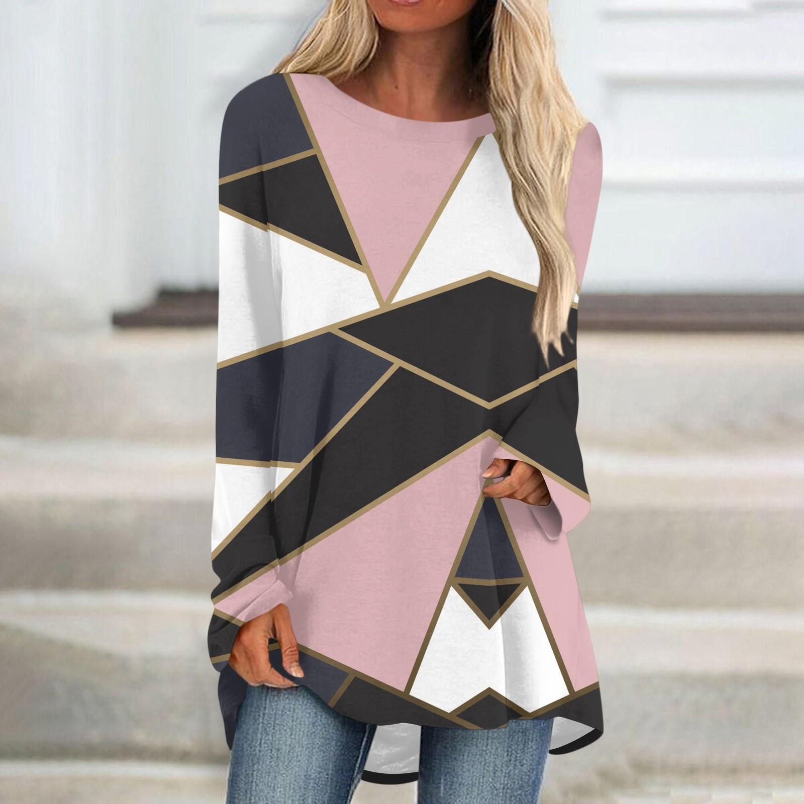 

Женская модная повседневная футболка с принтом, длинный рукав, круглый вырез, средний длинный топ XXL розовый