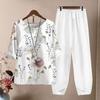 2 Pcs/Set Women T-shirt Pants Set Flower Print Elastic Waist Half Sleeves Round
