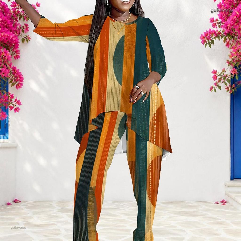 Women Plus Size Round Neck Long Sleeve Striped Printed Layered Top Long Pants Two Piece Set