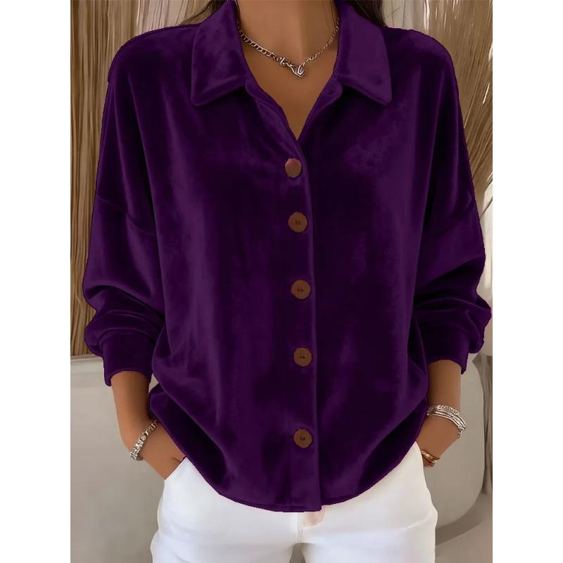 Women's Velvet Shirt - Casual Long Sleeve Collared Cardigan, Retro Velvet Blouse