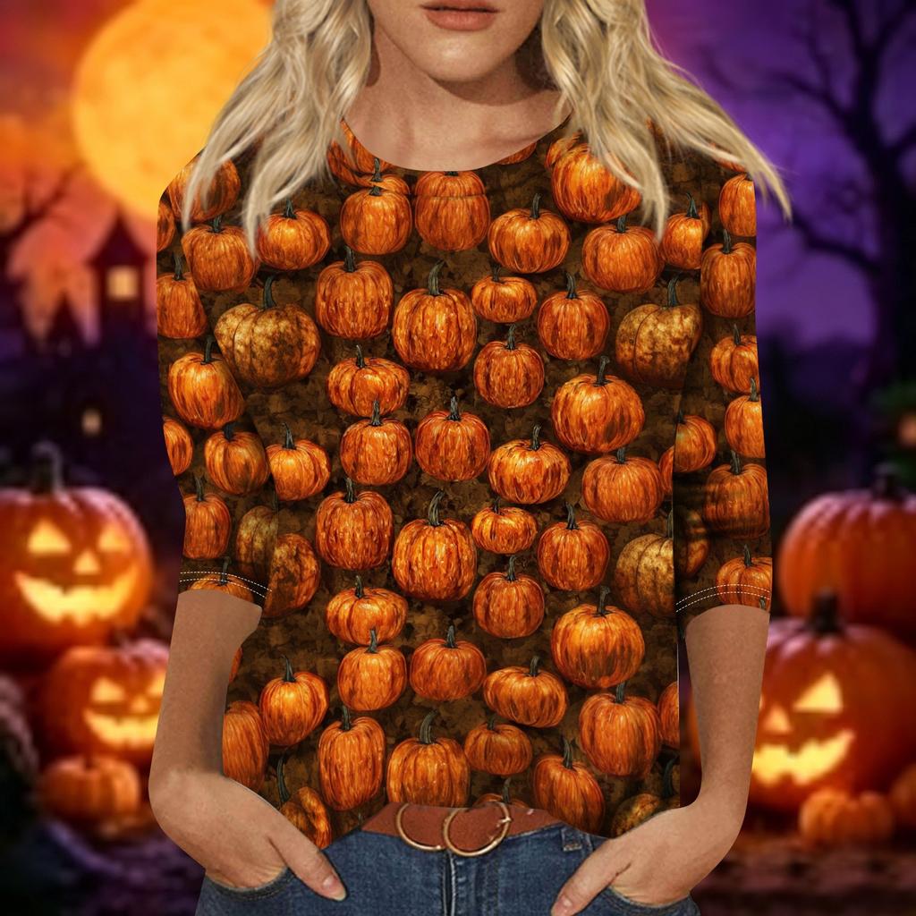 Women's Casual Halloween Print 3/4 Sleeve Round Neck Top for Holiday Party
