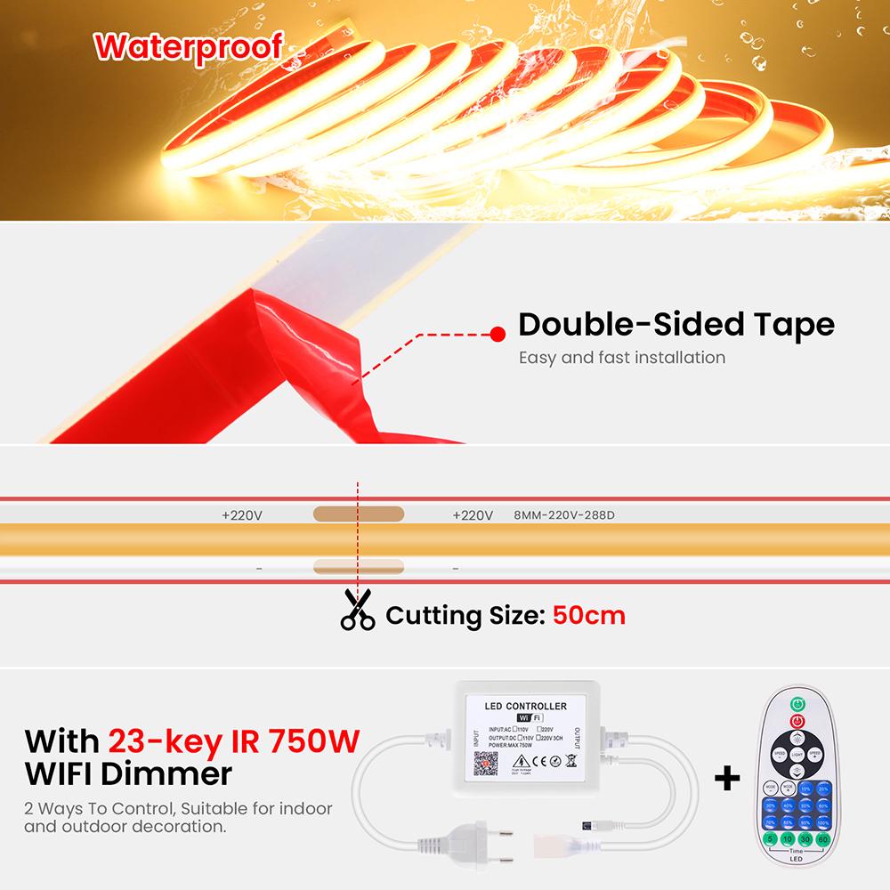 220V COB LED Strip Light Kit Dimmable WiFi Bluetooth Touch 23 Key Remote Control Waterproof Flexible Tape Lamp