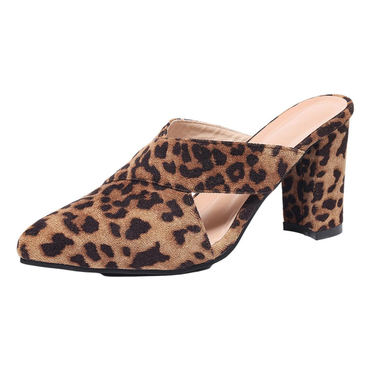 

Модная женская обувь 2025 Новые женские шлепанцы Baotou Модные шлепанцы для платья с леопардовым принтом Женские Летние Большие размеры Каблуки Женские Zapatos 35 леопардовый