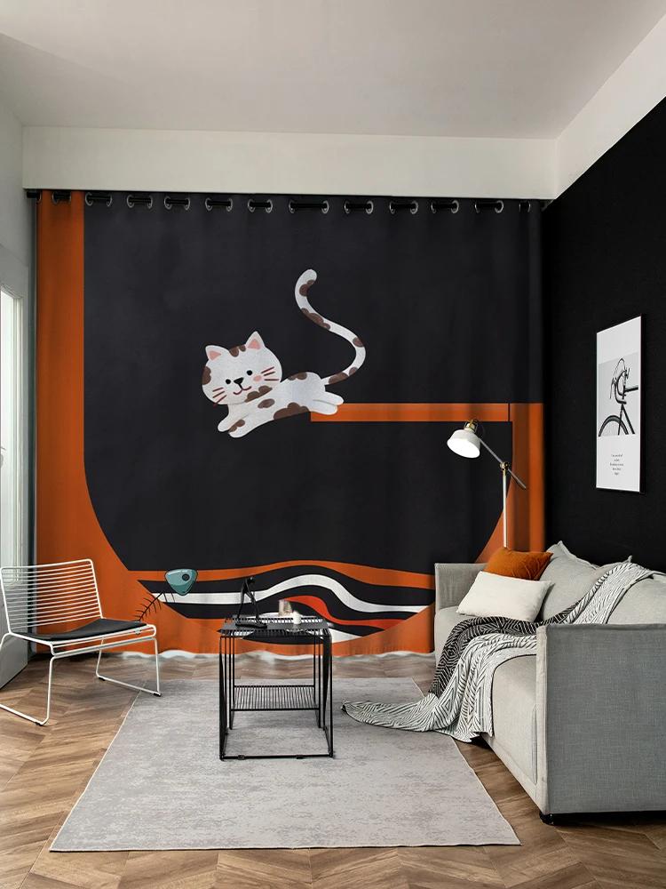 Cute Children Kitten High Shading Curtain Heat Insulation Drape Bedroom Home Living Room Bay Window Partition Curtain 2PCS