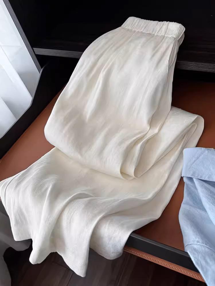 Women's High Waist White Cotton Linen Wide-Leg Pants - Summer Slimming, Loose Fit, Long Drape Style