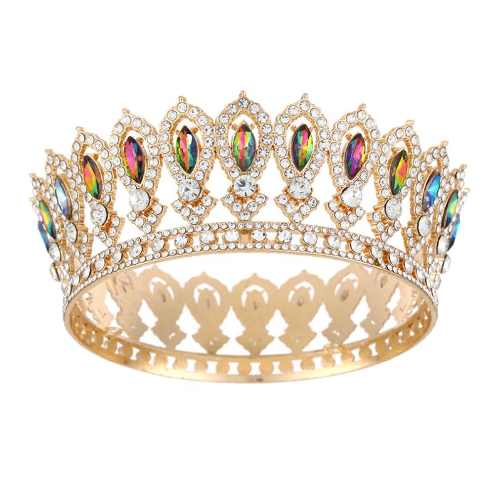 Round Princess Queen Tiara European Crystal Full Crown Metal Bridal Wedding Crowns  Birthday Party