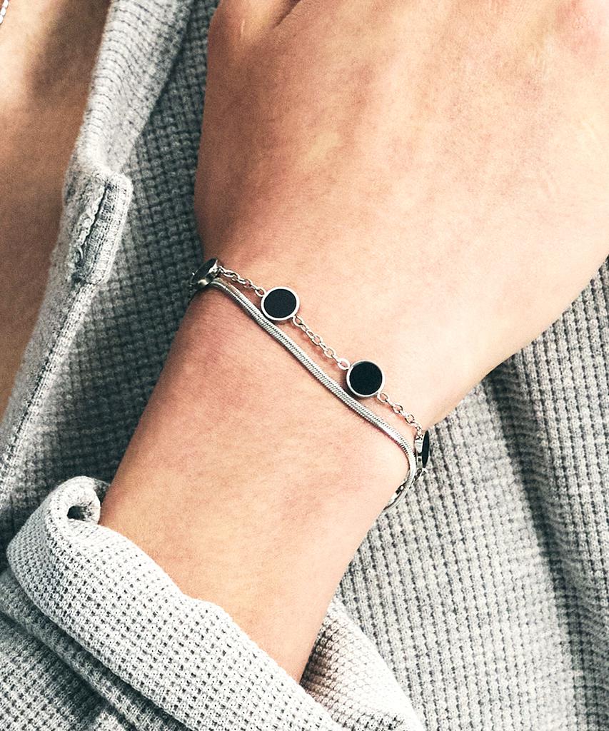 Ssy Double Layered Onyx Stone Bracelet Circle Silver