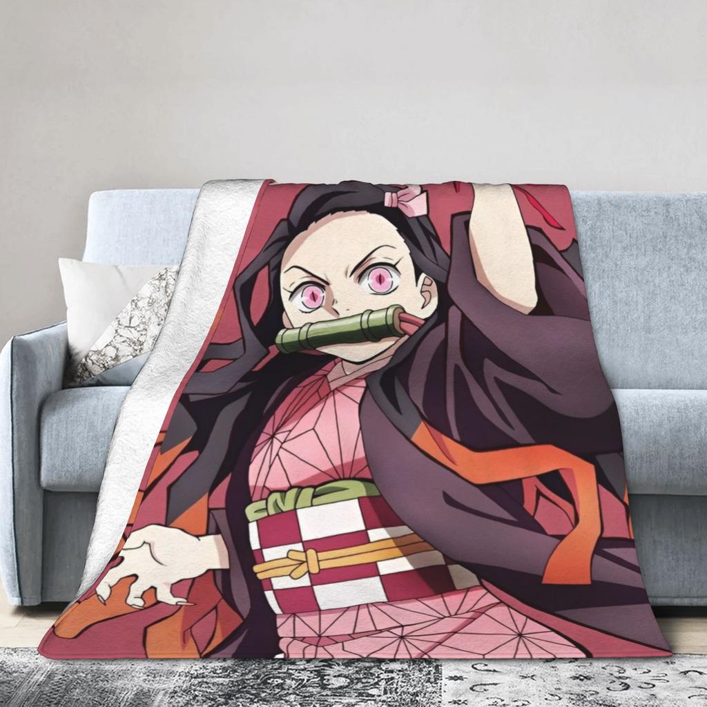 Kimetsu No Yaiba Kamado Nezuko Decken Anime Fleece Lustige Atmungsaktive Überwurfdecken für Bettwäsche Wohnzimmer Frühling Herbst