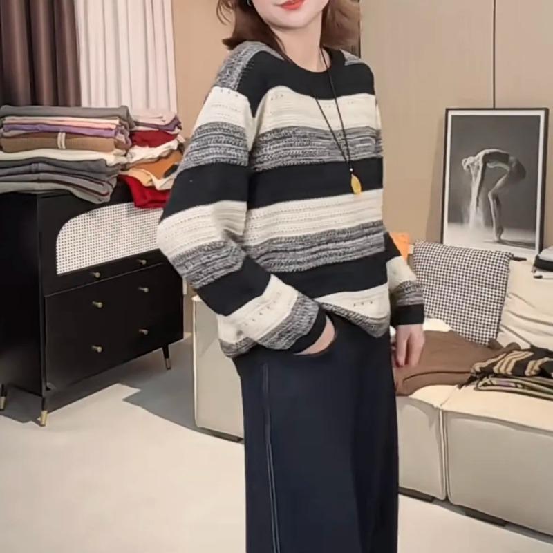 Round Neck Striped Sweater Women's Long-sleeved Autumn Clothing New Style Fashionable Loose Lazy Style Top Retro Pullover