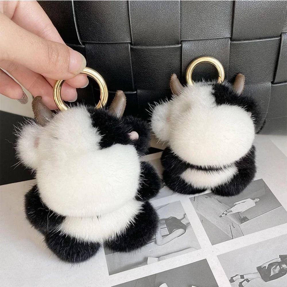Long Mane Calf Plush Pendant with Horn Cute Animal Keychain Plush Cow Keychain Children