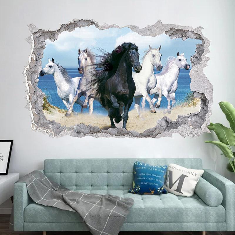 Plakat ze zwierzętami Dziura w ścianie Sztuka Biegnący Dobry Koń Winyl Naklejki Muralowe Do Salonu