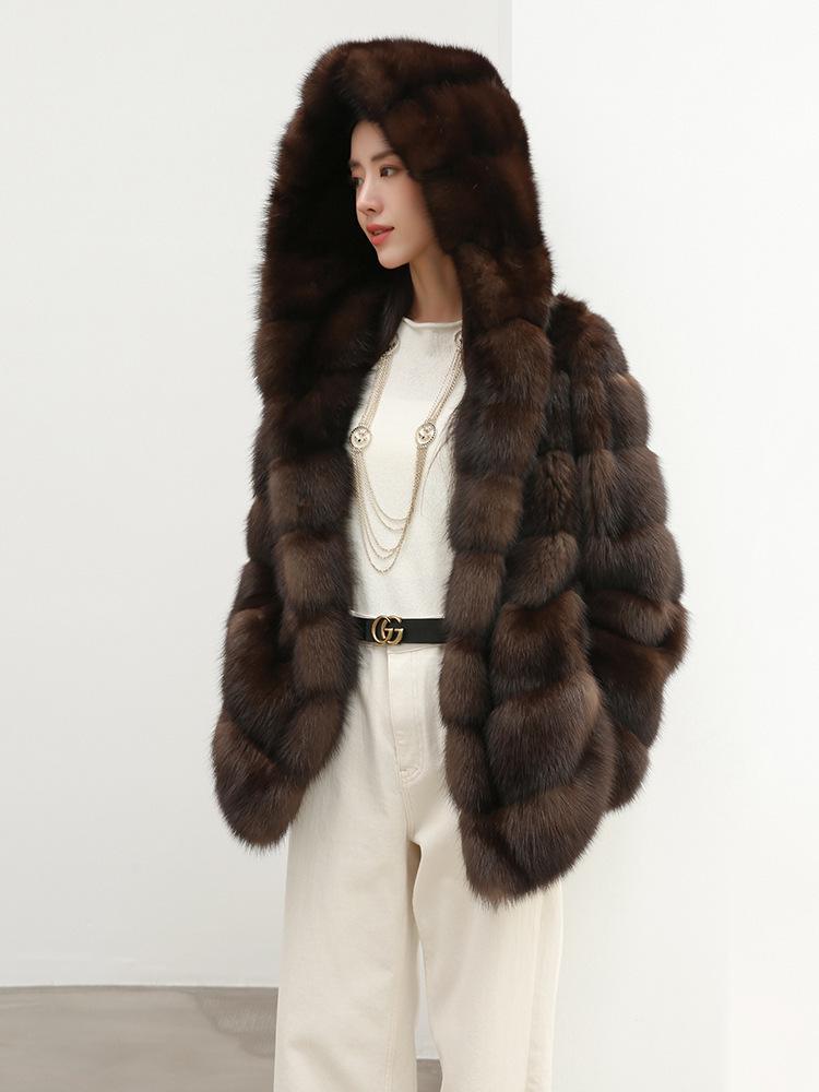 Eco-friendly Russian Sable Black and Gold Fur Coat for Women - Spring 2026 Collection, Thick and Warm, Versatile Design.