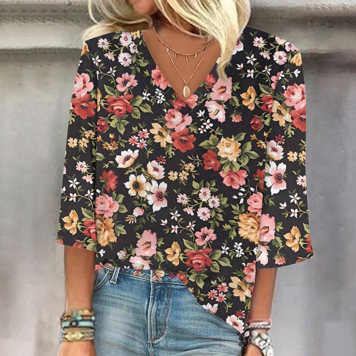 

Весна и осень 2023, новый модный женский повседневный топ с v-образным вырезом и рукавом 3/4 с принтом, размер гной