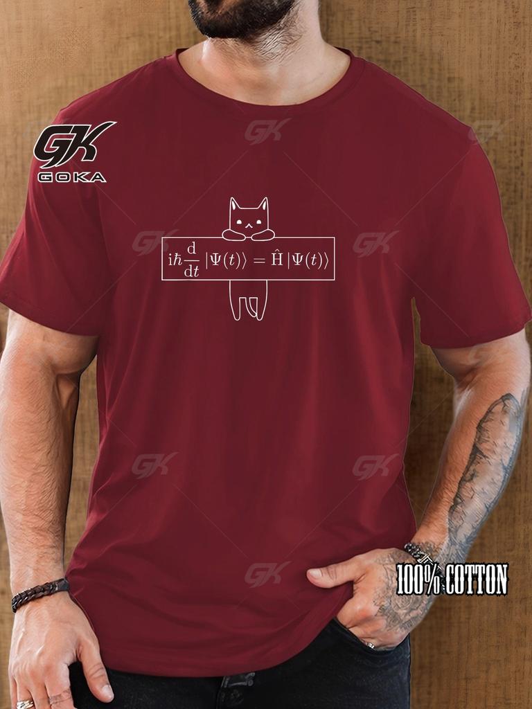 Männliche Katze und Schrödinger-Gleichung Muster Sommer 100 Reine Baumwolle Modisch Lässig Locker Bedruckt Rundhals Kurzarm T-Shirt Oberteil
