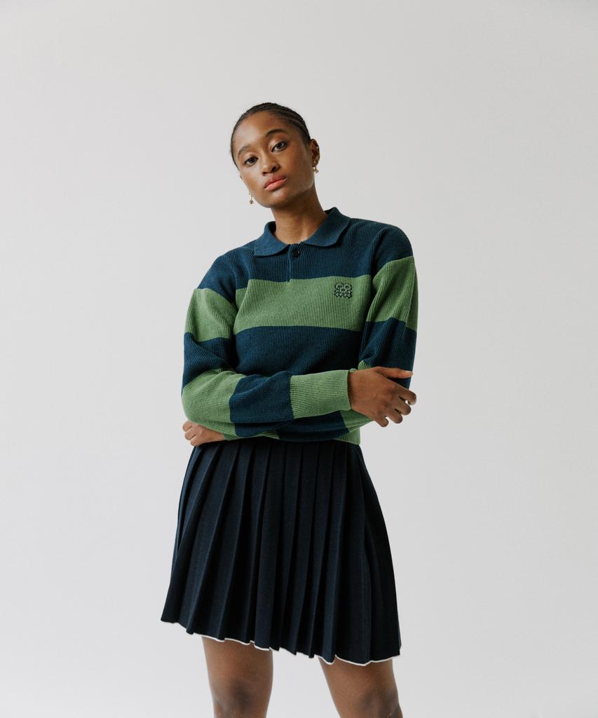 OUT OF TRUNK Stripe Collar Knit Green (Women)