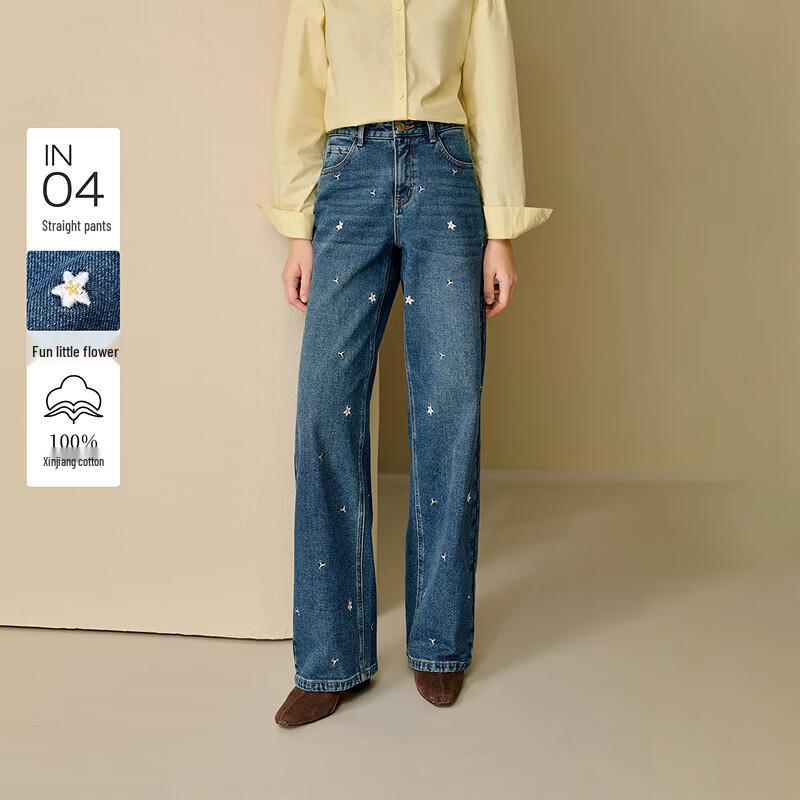 

INMAN Women s Retro Floral Slub Denim Straight-Leg Jeans 28