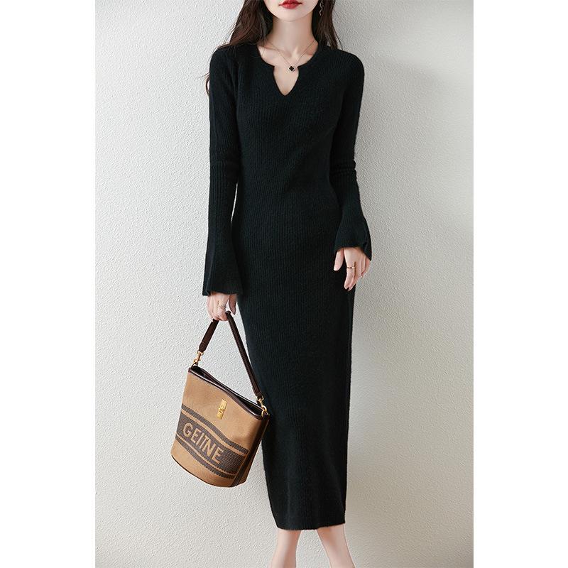 Autumn-Winter Pure Wool Trumpet Sleeve Mid-Length Sweater Dress