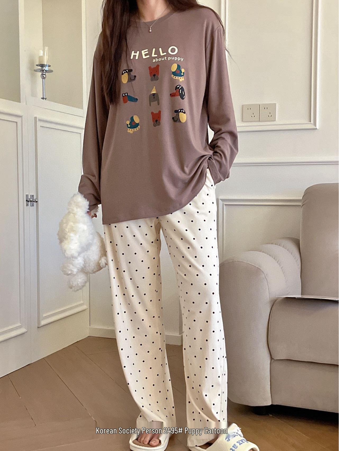 

Корейское общество Мультяшная пижама из вискозы в горошек для женщин - Удобная домашняя и уличная одежда One Size (80-140 jin)