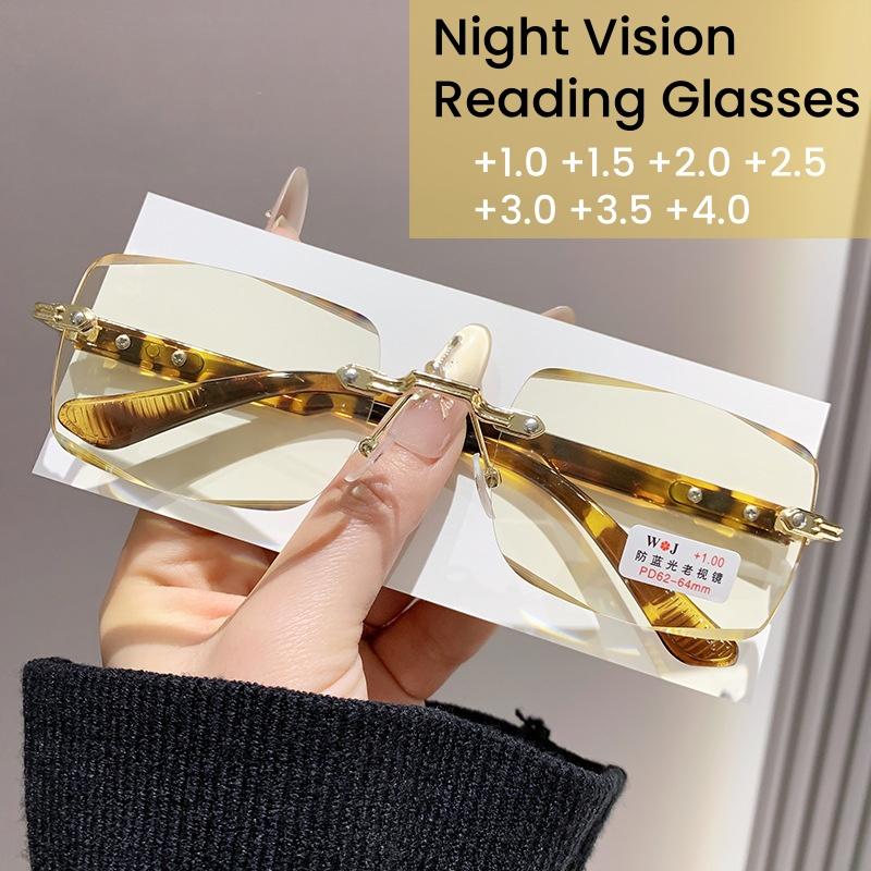 New Fashionable Frameless Square Reading Glasses with Cut Edges Anti Blue Light Night Vision Glasses Stylish Women Eyewear