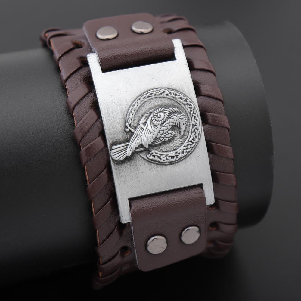 Trendy Wide Leather Woven Viking Rune Bracelet for Men Hip Hop Punk Jewelry Accessory Nordic Crow Charm Fashion