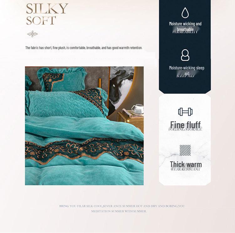 220g Quilted Bed Skirt Set: Warm Milk Velvet with Lace Embroidery (Four Pieces)