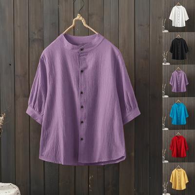 Women's Fashion Casual Color Round Neck Half Sleeve Vintage Cotton Linen Shirt Top