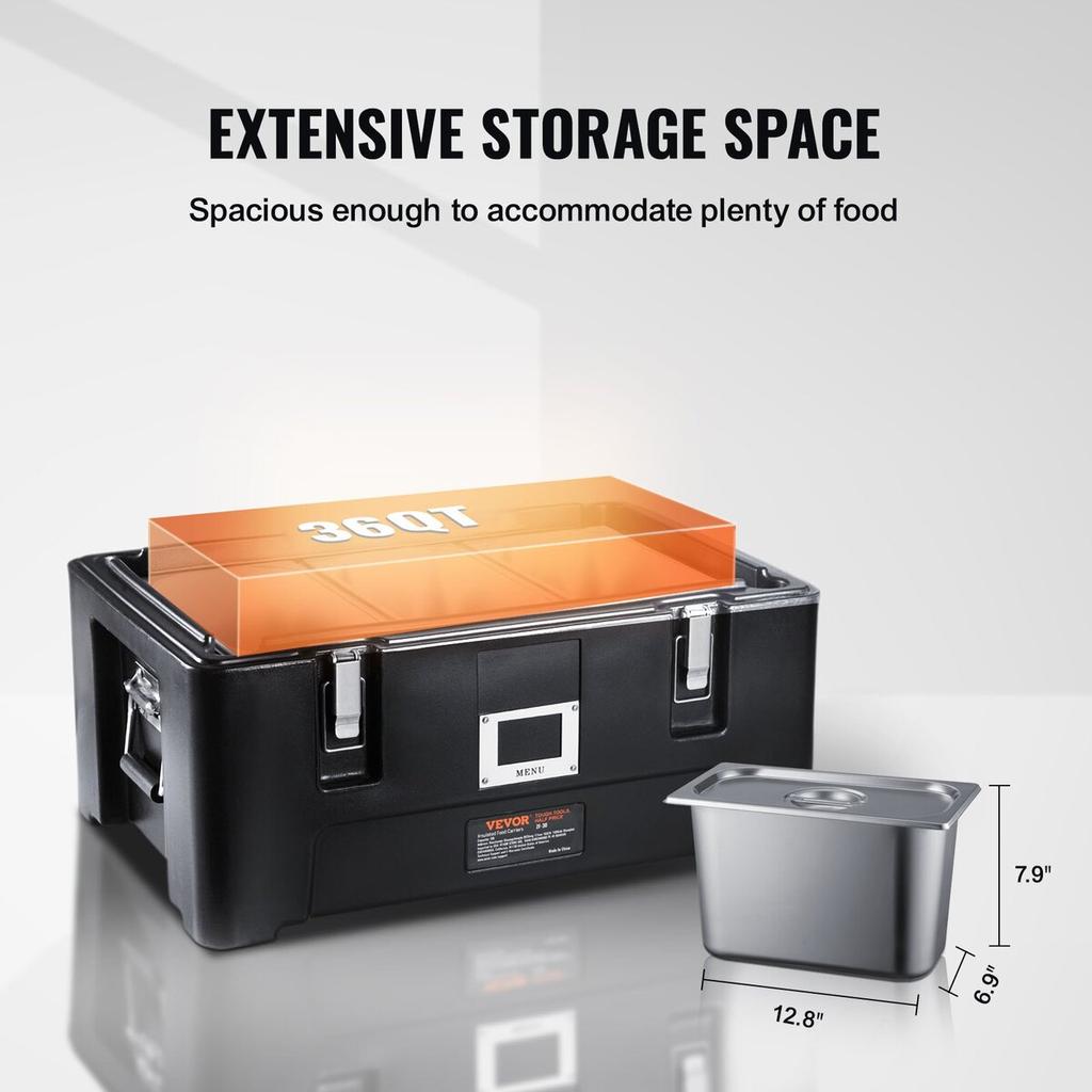Insulated Food Pan Carrier, 36Qt Capacity, Stackable Catering Hot Box with 3 Stainless Steel Pans, Top Load LLDPE Food Warmer with Elastic Side