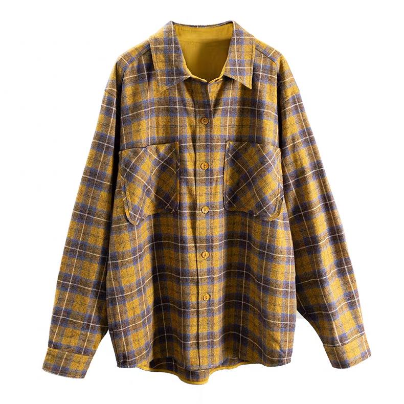 Hurry! Retro Plaid Double Pocket Yarn-Dyed Cotton Turn-Down Collar Shirt for Women - Perfect for Autumn