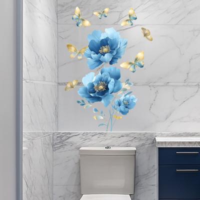 Stickers de Bain Papillon Fleur Bleue Auto-Adhésifs Imperméables Décalcomanies Murales pour Décor de Baignoire de Salle de Bain