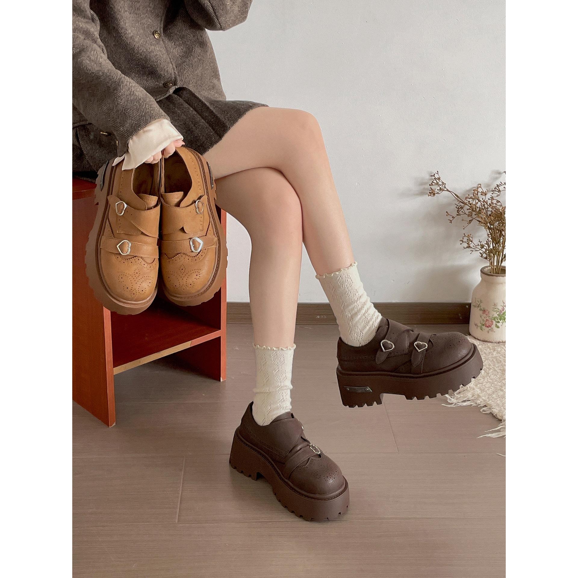 Wang Fan thick-heeled thick-soled small leather shoes, spring and autumn small height-increasing Birkenstocks 35