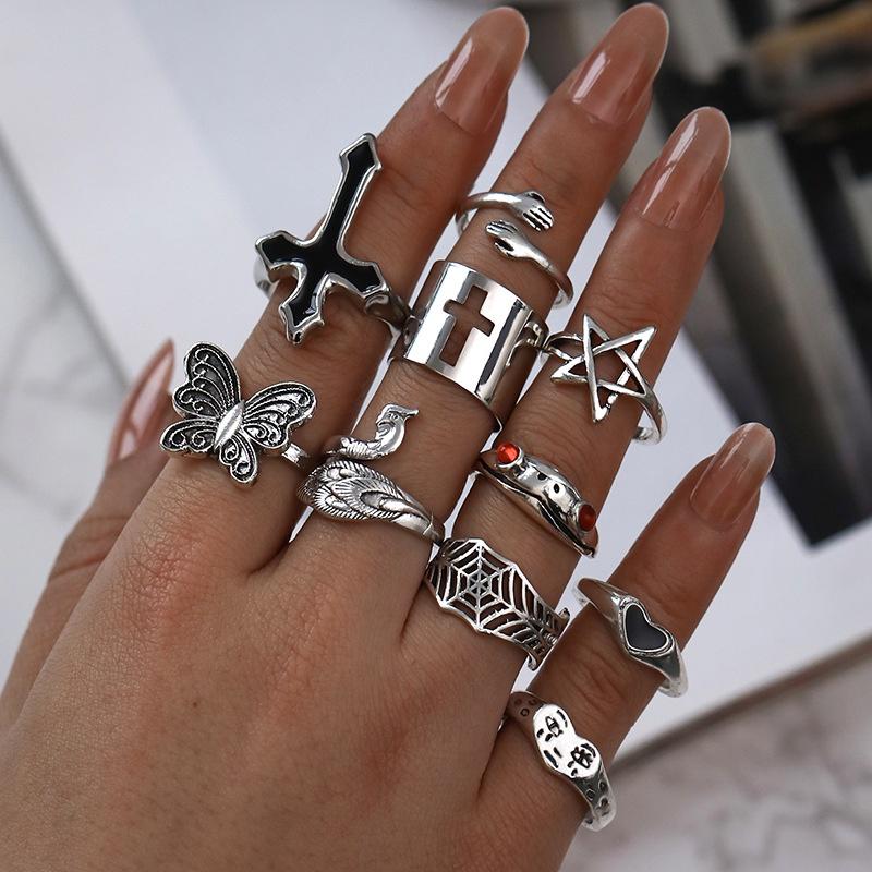 Stylish Peacock Frog Butterfly Sad Face Ring Set 10 Pieces