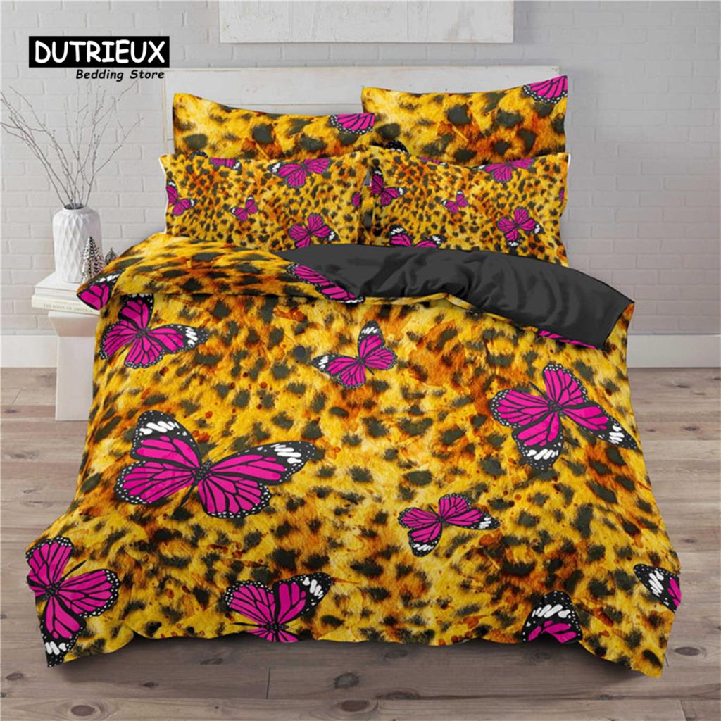 Soft Butterfly Bedding Set Microfiber Leopard Print Background Duvet Cover Set For Adult Bedroom Decor As Greetings and Presents