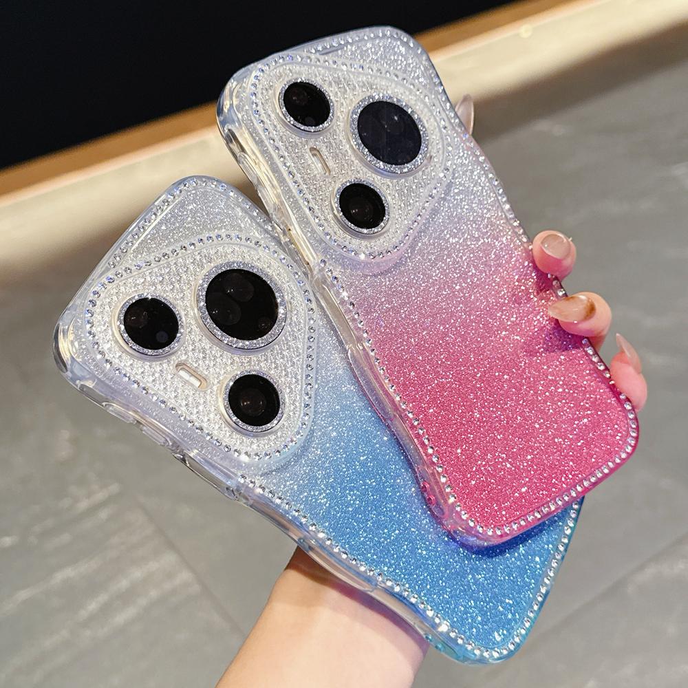 KEYSION Gradient Glitter Jewelled Phone Case for Huawei Pura 70 80 Pro 80 70 Ultra Wavy Border Lens Protector Shockproof Cover