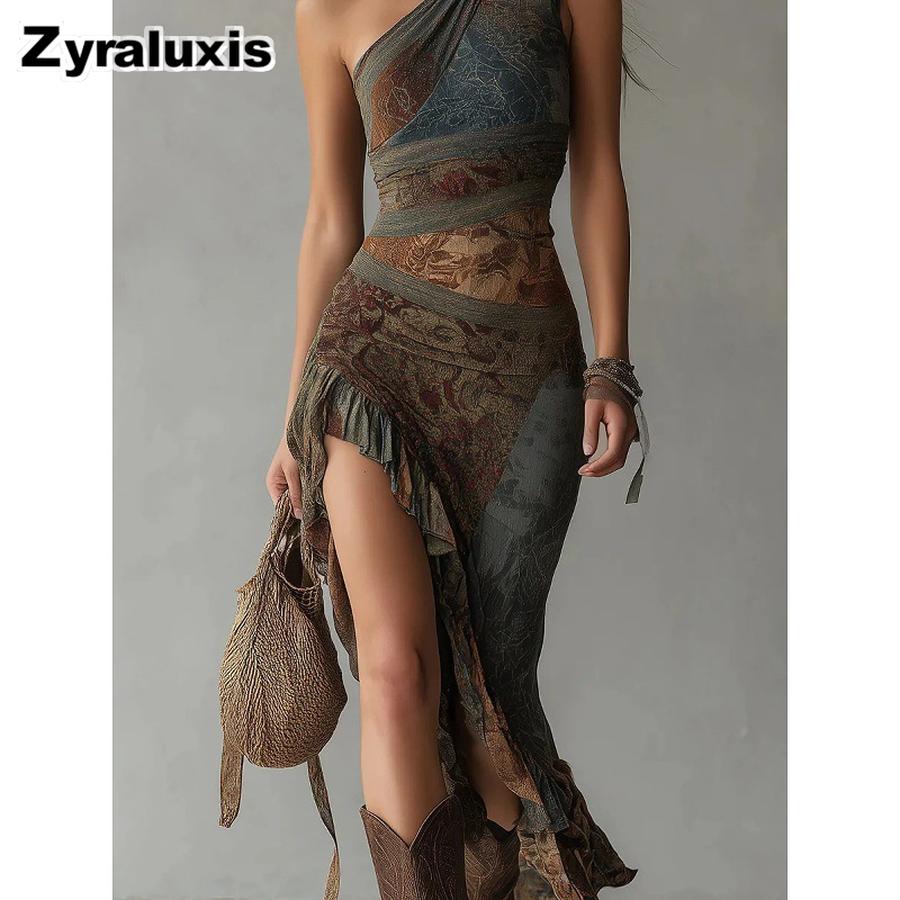 Wind New Retro Patchwork Printed Asymmetrical Long Dress Slim Fit High Slit Maxi Dress L темный орхидеи