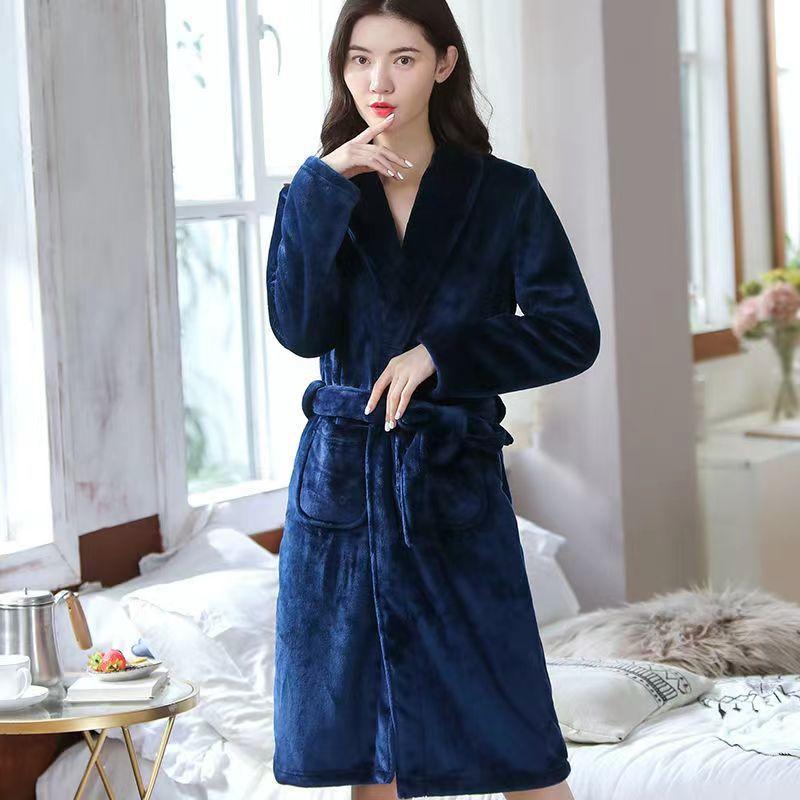 Men's Mid-Length Plush Coral Fleece Flannel Bathrobe for Autumn/Winter