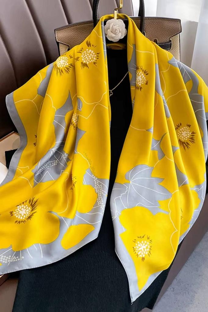 Women' Scarf 90X90 "Summer Glow" - Yellow-Gray with Floral Pattern, Imitation Silk