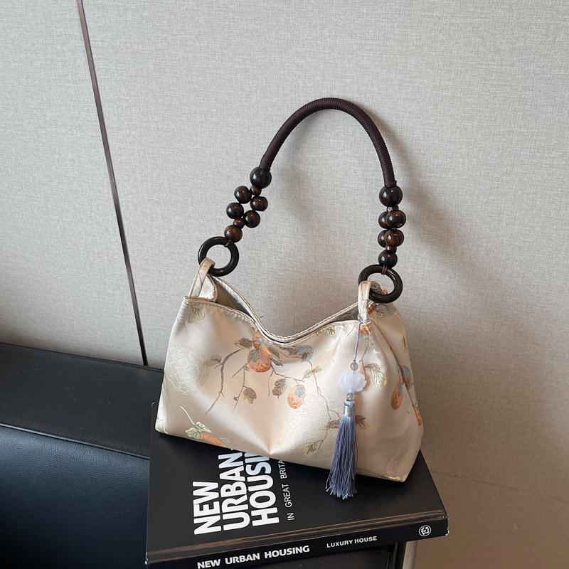 Retro Beige Embroidery Handbag Women Beaded Handle Large Capacity Shoulder Bag Ladies Elegant Luxury High End Underarm Bags