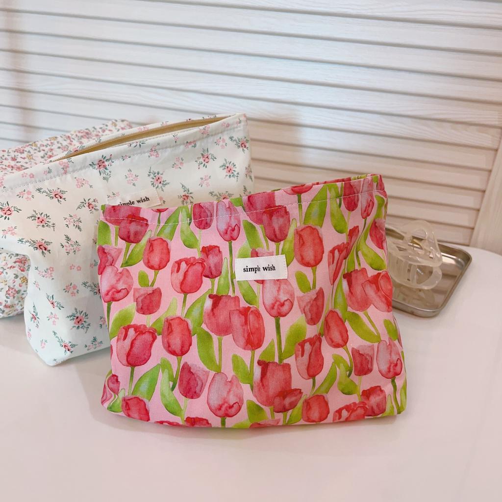 Fresh and Simple Floral Cotton Cloth Small Square Bag Cosmetic Bag Pure Cotton Zipper Liner Bag Clutch Bag