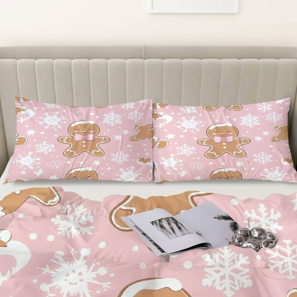 3Pcs Gingerbread Snowflake Pink Duvet Cover Set - Cute Cartoon Design Zipper Closure Machine Washable Polyester All-Season