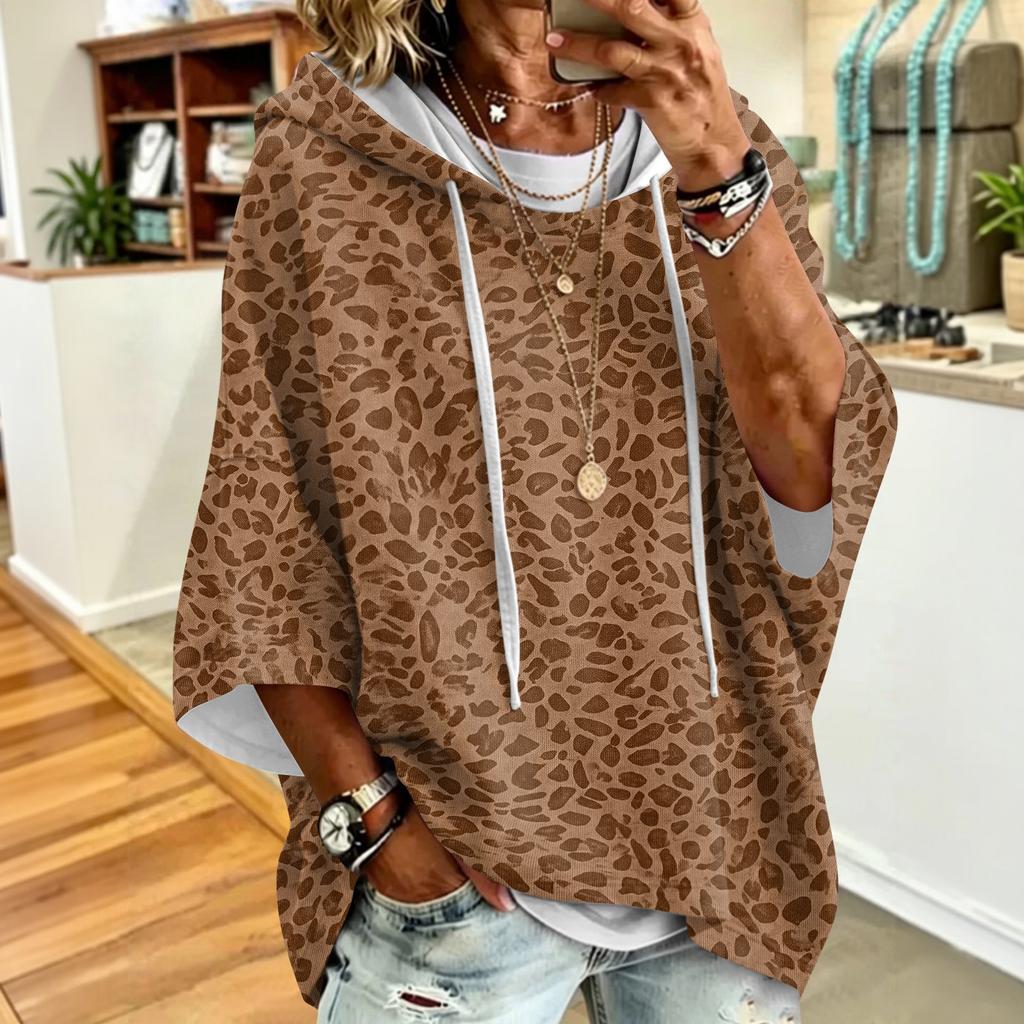 Felpa con cappuccio da donna a stampa leopardata con vestibilità ampia