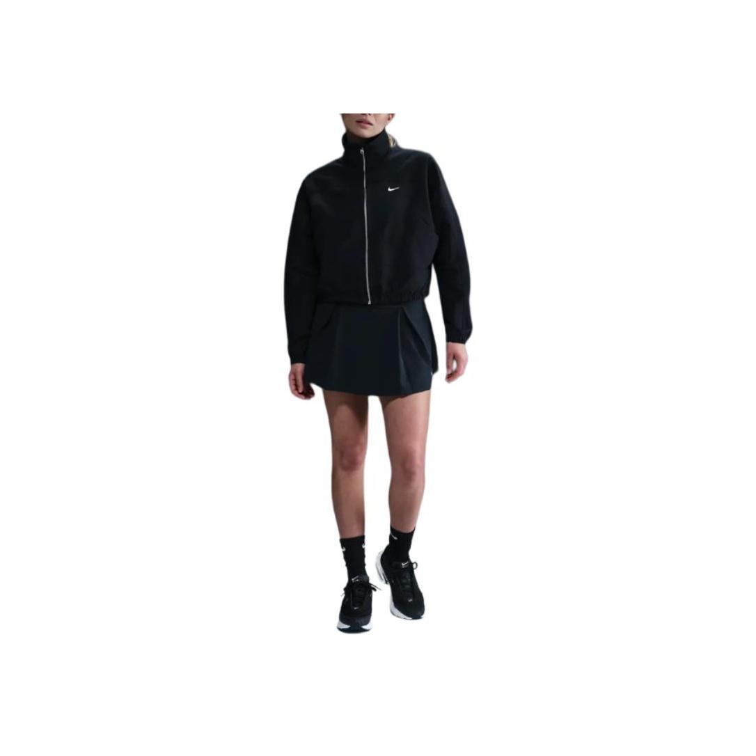 Nike Logo Printed Zip-Up Stand Collar Loose Short Sleeve Jacket Women jackets Black HJ0999-010 L