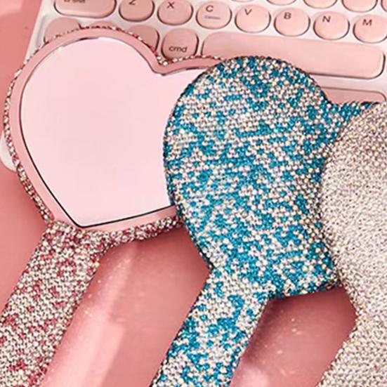 Glitter Rhinestone Makeup Mirror with Long Handle High Clarity Portable Women Vanity Mirror Round Love Heart Square Handheld Cosmetic Mirror